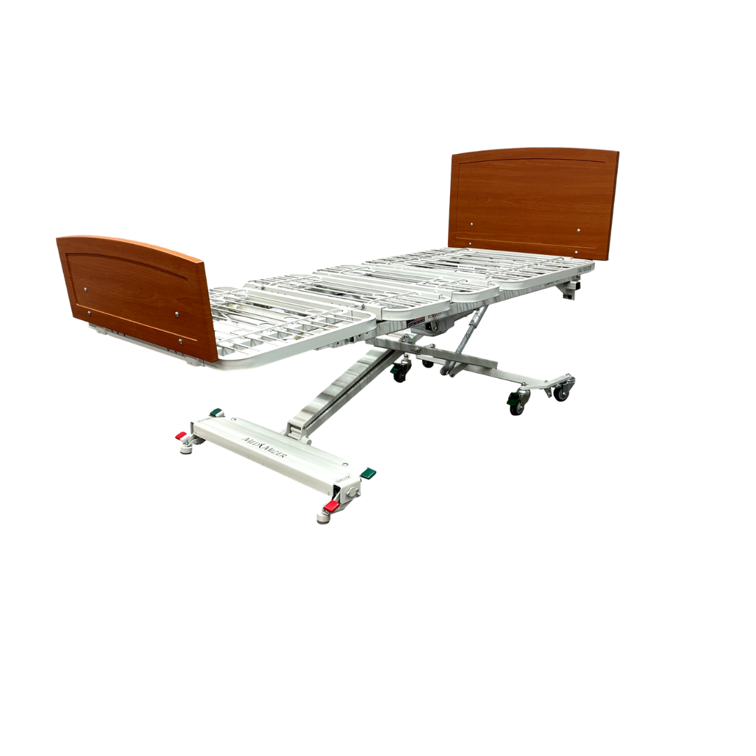 The Med-Mizer RetractaBed Bariatric Hi/Low Electric Bed features a width-adjustable metal frame, caster wheels, wooden head/footboard, and space-saving safety design, shown isolated on a white background.